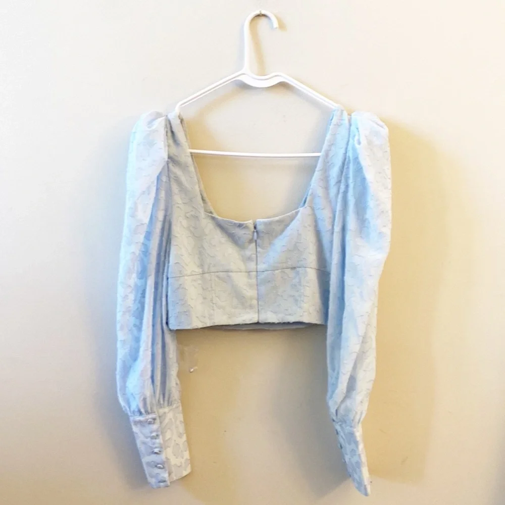 NWT NBD x Revolve Bex Baby Blue Chiffon Crop long sleeve top blouse women size S